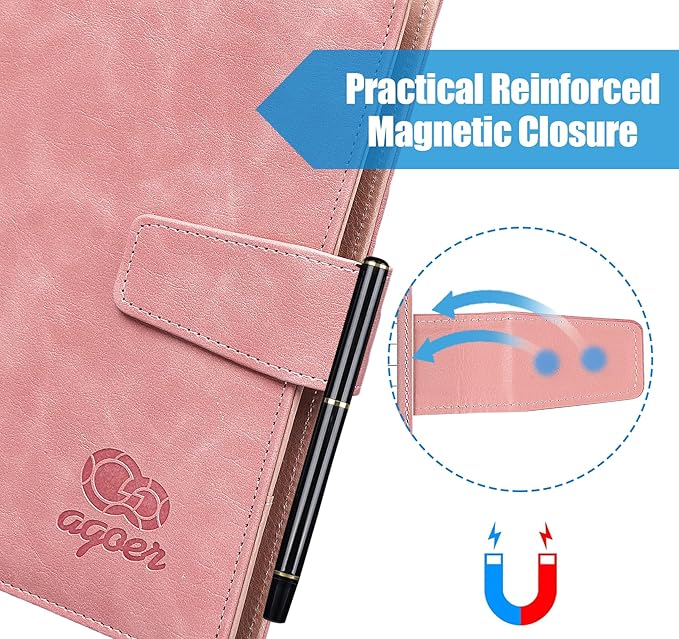 Agoer Clipboards A5 Portfolio with Cover,Interview Leather Folder with Magnetic Closure,Professional Clip Boards Padfolio with A5 Paper,Sticky Tab,Pen for Student Teacher Doctor Nurse Office,Pink