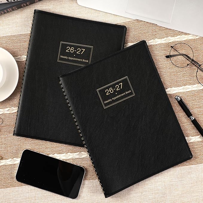 Appointment Book 2026-2027 - Daily Hourly Planner 2026-2027, Jul 2026 - Jun 2027, Appointment Book, 8.5" x 11", 26-27 Planners Weekly with 30-Minute Interval, Leather Cover, Colorful Tabs - Black