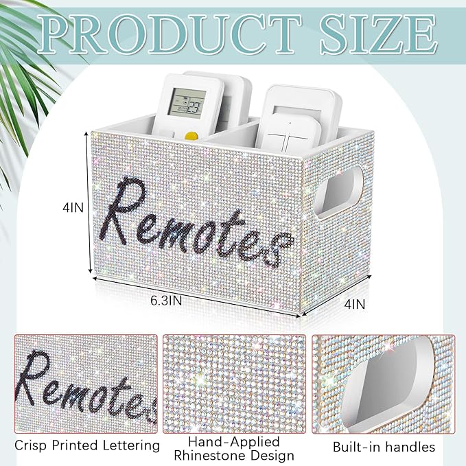 MotiMind Bling Rhinestone Remote Control Holder Crushed Diamond 2 Compartment Decorative TV Remote Caddy Organizer Storage Box Table Nightstand with and Label, Sparkly Gifts for Christmas(White)