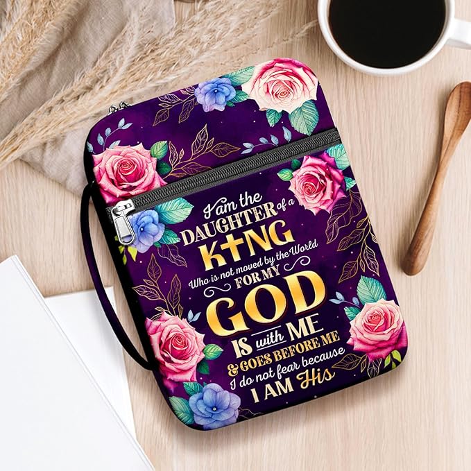 Daughter of the King Bible Cover for Women, Inspirational Scripture Floral Bible Bag with Handle and Zipper Pocket, Fits Standard Size Bible, Christian Gift for Girls, Church or Bible