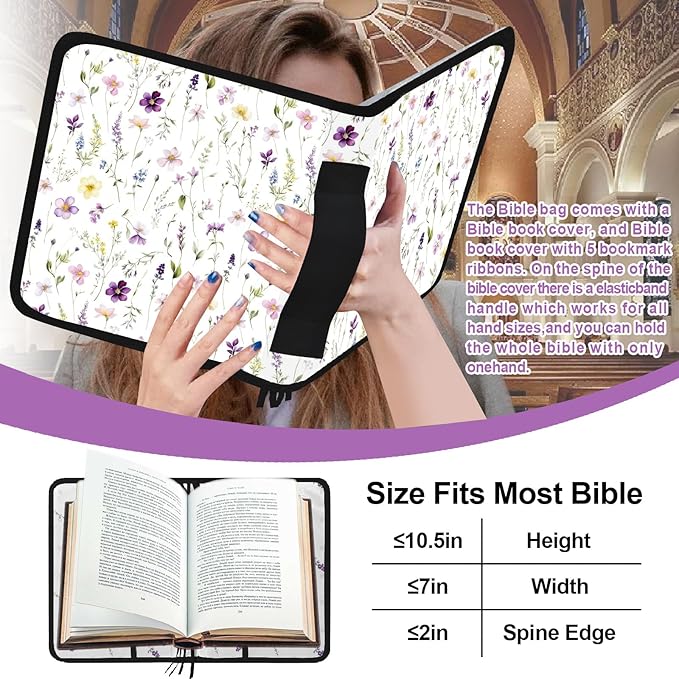 Floral Bible Cover for Women,Bible Carrying Case for Girls,Large Bible Bag for Woman Organizer,White Flower Bible Holder,Bible Study Supplies Kit with Highlighters,Tabs,Pens,Christian Gift