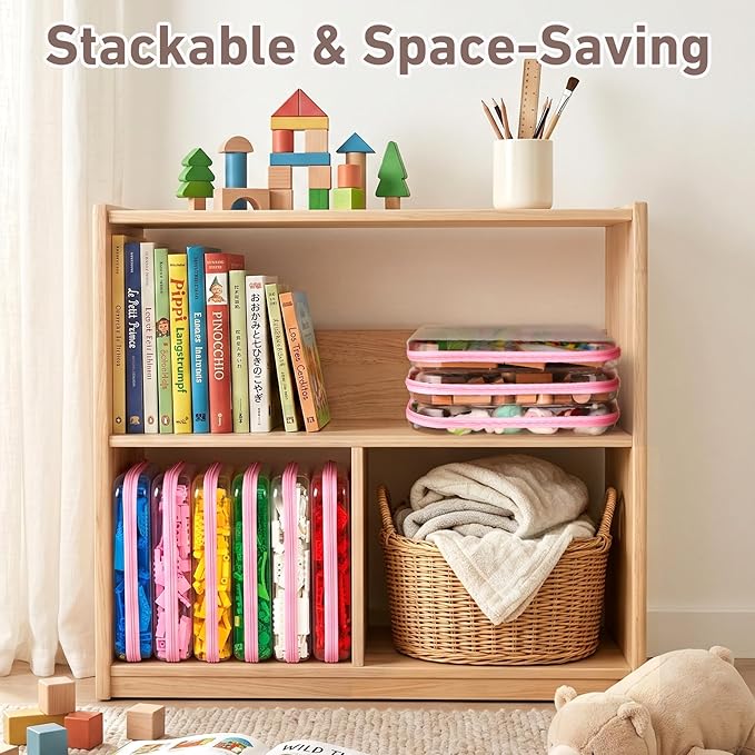 3 Pack Extra Large Clear Hard Shell Zipper Case with Labels, Crush Proof Plastic Storage Bins for Home Organization, Hard Case for Board Games Puzzles Toys Stationery Makeup A4 Documents, Pink