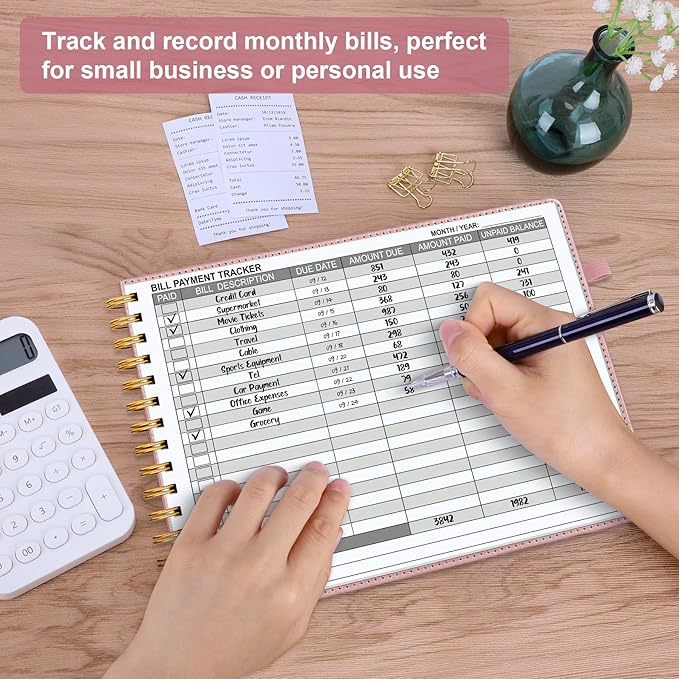 HAUTOCO Hardcover Bill Tracker Notebook Horizontal Monthly Bill Payment Organizer for Personal Budgeting Home Finance with 2 Storage Pocket Expense Checklist Tracking Planner 10.78 x 8'', Rose Gold