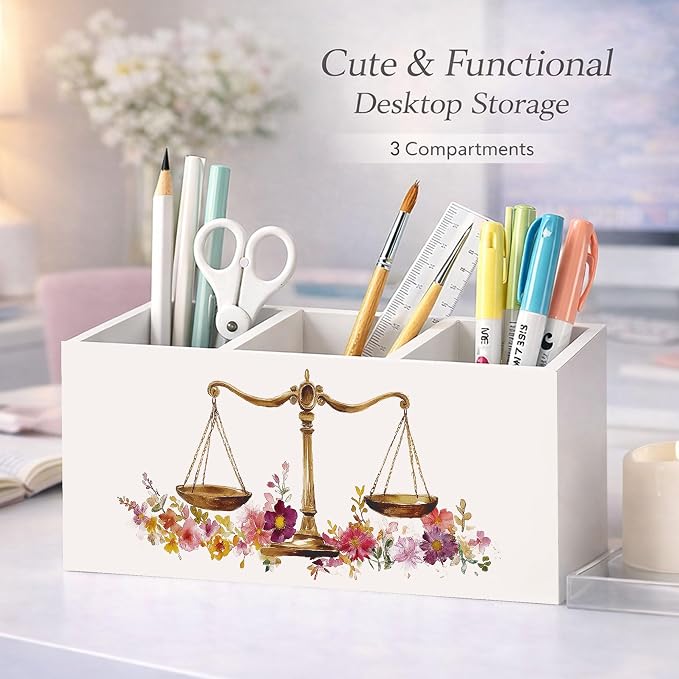 Law Desk Organizer Wooden Pen Pencil Holder for Desk, 3 Compartments Office Accessories, Justice Scale Lawyer Theme Decor, Legal Office Table Storage Organizer for Women Men