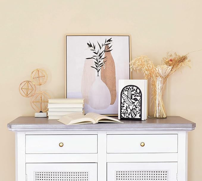 CNK Premium BookEnds - Heavy Duty Metal Book Stoppers for Home Office, Decorative Book Shelf Holders (Hummingbird Black)