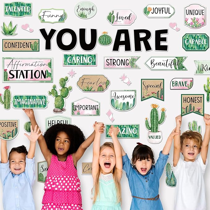 45pcs Cactus Affirmation Station Bulletin Board Set Motivational Posters Classroom Mirror Growth Mindset Decor Positive Affirmations Accents Cutouts for School Office Home Teacher Wall