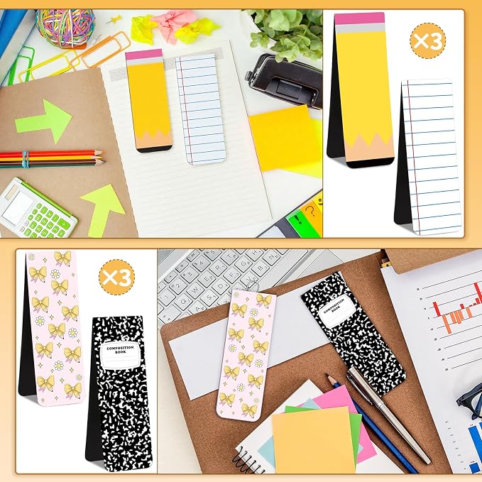 12 Pcs Large Teacher Magnetic Bookmarks 3.9", End of Year Teacher Gifts Back to School Supply Jumbo Magnet Bookmark Pencil Book Marker Page Clip for School Office Home Reading Favor(Cute)