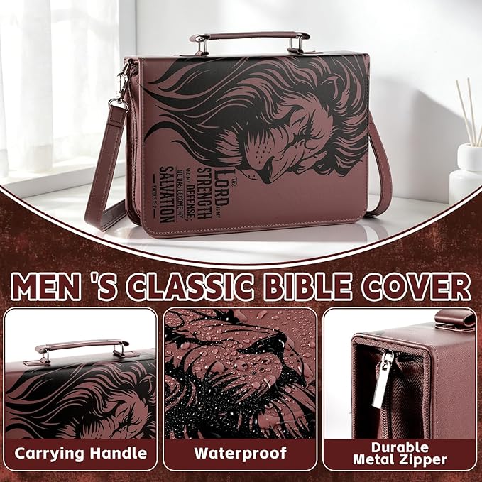 19PCS The Lord is My Strength Lion Leather Bible Cover for Men Bible Cover Cases for Mens Christian Gift Carrying Bag Journaling Kit with Shoulder Strap Highlighter Pens & Book Marker Study Supplies