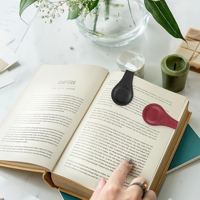 Dimeho 2 Pcs Leather Magnet Bookmark Retro Book Page Holder Vintage Page Marker Clip Handmade Cute Reading Accessories for Women Bookworm Book Lovers Reader Gift(Black+red)