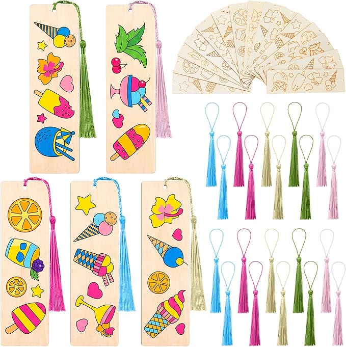 AmazingSpark 100 Pcs Ice Cream Wood Bookmarks Bulk DIY Crafts Kit, 50 Set Summer Blank Coloring Bookmarks with Tassel for Classroom Reward Gifts, End of Year Gifts, Summer Birthday Party Favor