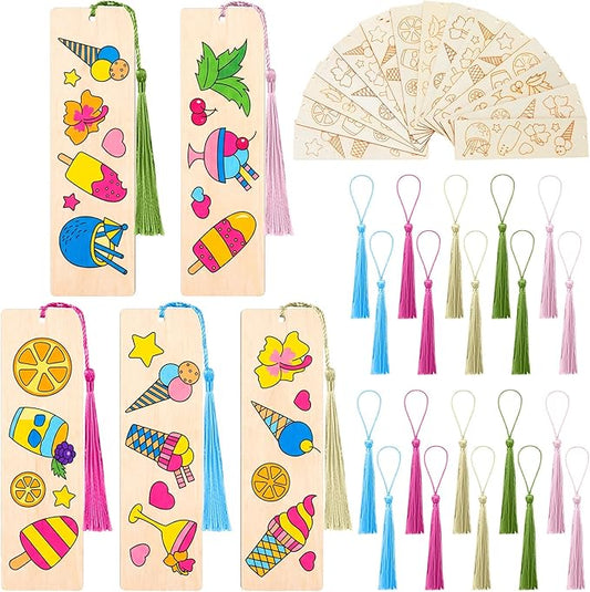 AmazingSpark 100 Pcs Ice Cream Wood Bookmarks Bulk DIY Crafts Kit, 50 Set Summer Blank Coloring Bookmarks with Tassel for Classroom Reward Gifts, End of Year Gifts, Summer Birthday Party Favor