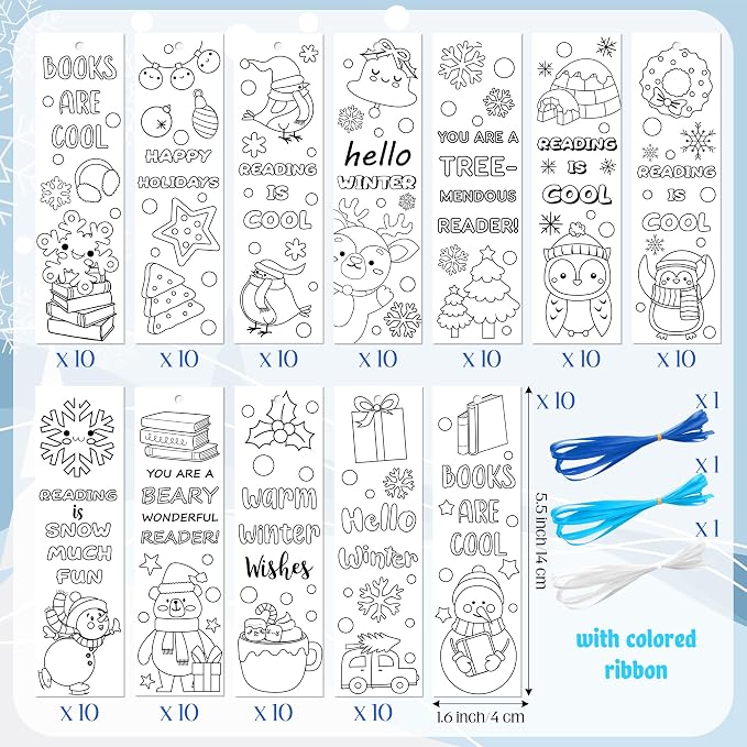 ANGOLIO Winter Word Coloring Bookmarks - Hello Winter Color Your Own Bookmarks DIY Coloring Blank Book Accessories Happy Holiday Home Classroom Party Favor Christmas Goodie Bag Filler for Kid Student