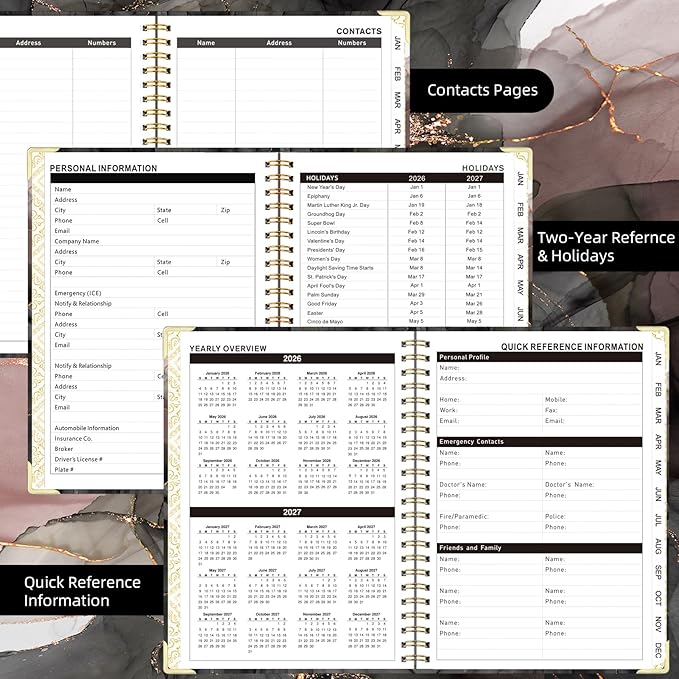 2026 Planner, Jan.2026 - Dec.2026 Weekly Monthly Planner 6.25"x8.5" with Page Tabs, Calendar Hardcover with Inner Pocket, Elastic Band, Twin-Wire Binding, Bookmark, Black Pink Marble