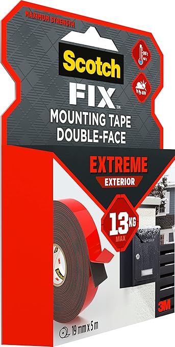 Scotch-Fix Double-Sided Extreme Exterior Mounting Tape - 1 Roll (19mm x 5m) - for Outdoor Extreme Use, Weather Resistant, Permanent Tape, 100% Adhesive, 3M Advanced Technology - Holds up to 13kg
