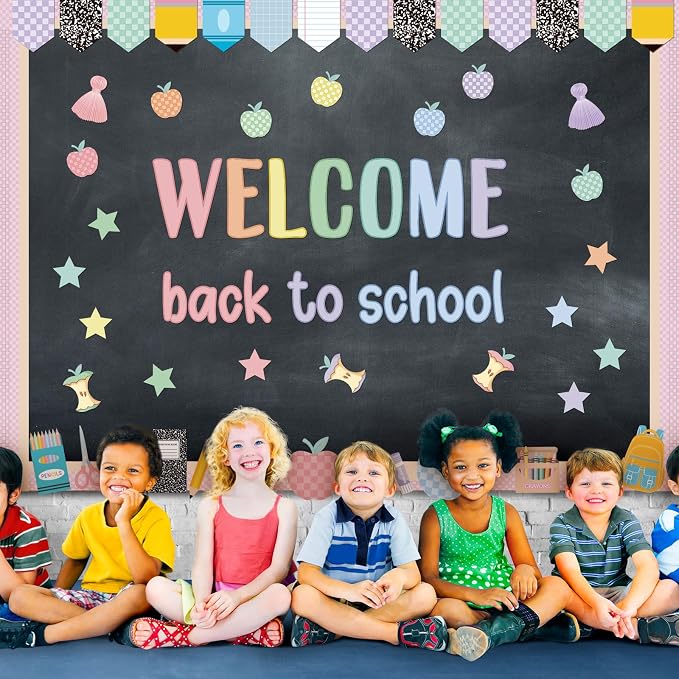 Mooliwe 94 Pcs Composition Notebook Classroom Decor Welcome Back to School Bulletin Board Set Checkered Classroom Decor Pencil Apple Paper Cutouts for First Day of School Party Wall Door(Pastel)