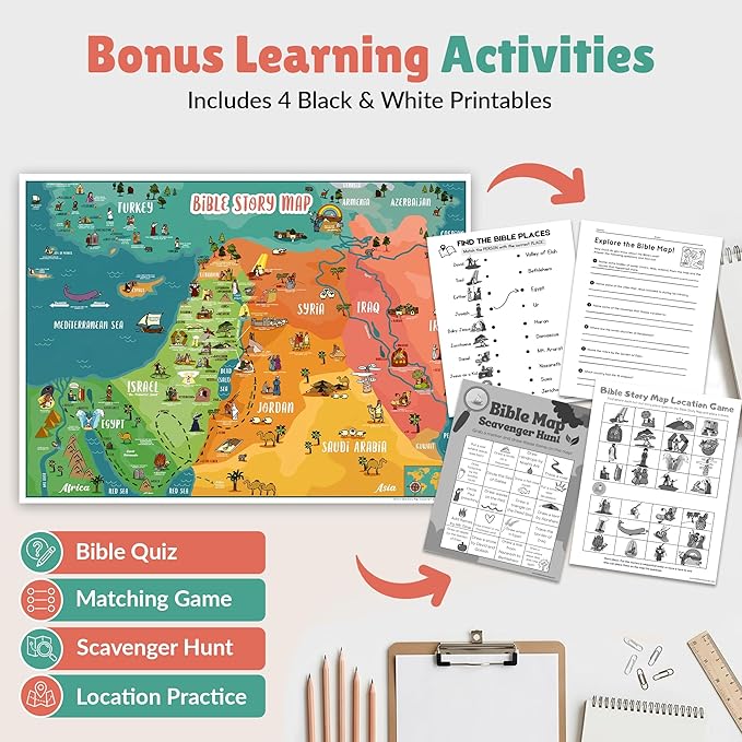 Bible Story Map Poster for Kids, Laminated 17.5" x 24" – 70+ Illustrated Bible Stories for Kids, Classroom & Homeschool, Bulletin Board, Sunday School Educational Wall Chart + 4 Printable Worksheets