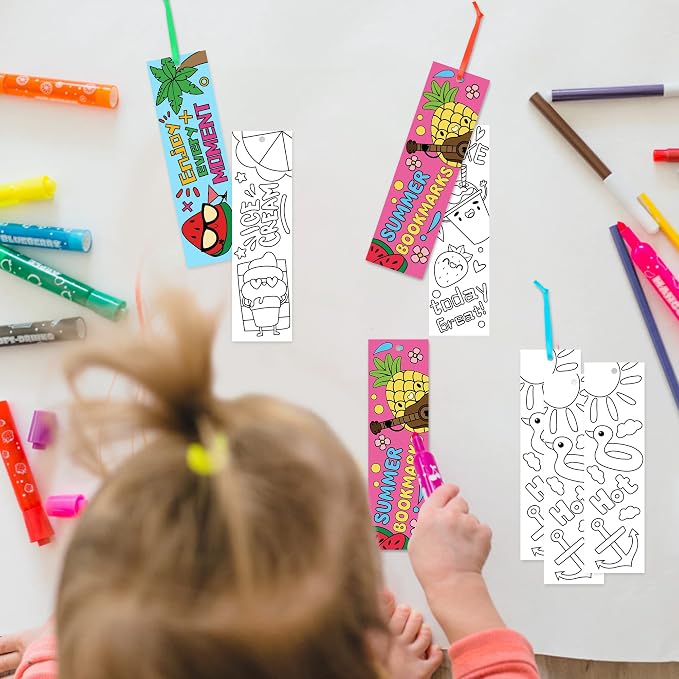 Haooryx Color Your Own Summer Bookmarks - 144Pcs Bulk Kids DIY Coloring Blank Bookmarks Summer Theme Book Marks for Teacher Student Classroom Reward Supplies Paper Art Craft Kit Party Gift Bag Fillers