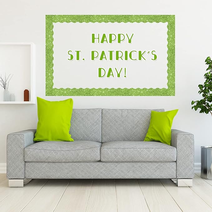 Whaline 69 Ft St. Patrick's Day Glitter Bulletin Board Borders 5 Designs Shine Green Shamrock Clover Stripe Dot Border Trim Bulletin Board Stickers for Classroom Office Irish Party Decor