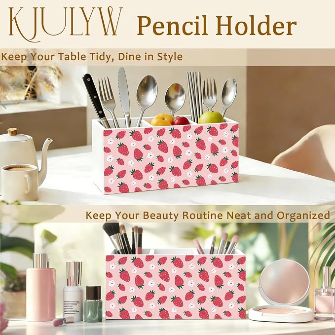 Pink Strawberry Pen Holder for Desk, Strawberry Gifts, Girly Aesthetic Strawberries Flower Wooden Box Pencil Pen Holder Organizer for Home Office Desk Accessories