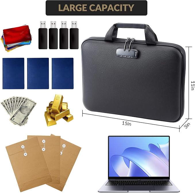 Garvee Fireproof Document Box with Lock, Waterproof Fire Safe Hard Case File Box, Portable Important Document Storage Organizer Bag for Homeowners Office & on the Go, Black