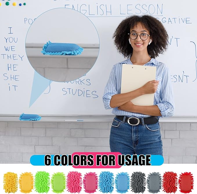 Jspupifip 12 Pcs Microfiber Shag Eraser Whiteboard, Magnetic Dry Erase Eraser Whiteboard Washable White Board Dry Erase for Marker Chalk Home Classroom Office Supplies, Blue Pink Green Red Yellow Gray