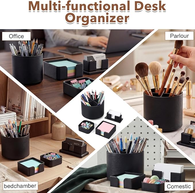 4 Pcs Rotating Leather Pen Holder Organizer Office Desk Accessories Set with Business Card Sticky Note Holder Paperclip Storage Desktop Storage Supply for Teacher Back to School Gift (Black)