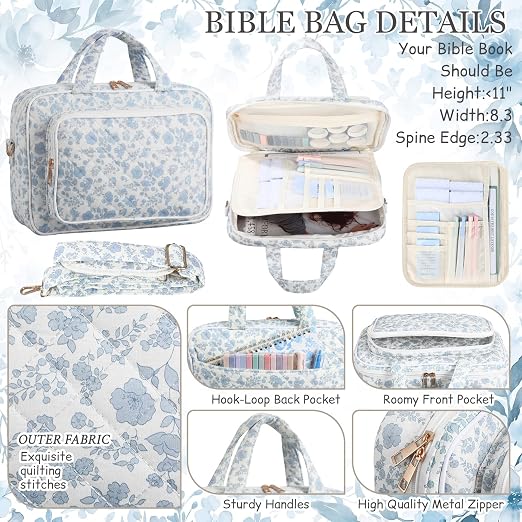 Capoda Bible Cover Case for Women, Bible Tote Bibles Study Supplies with Notebook Highlighters Ballpoint Pen Sticky Notes Scripture Card for Mother's Day Christian Gifts Women Mom Girls(Flower,Blue)