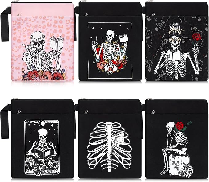Fuyoooo 6 Pack Gothic Book Covers Book Club Gifts Book Covers for Paperbacks Skeleton Book Sleeve with Zipper Book Case Bag Gothic Book Protector for Book Lovers Teacher Student Gifts