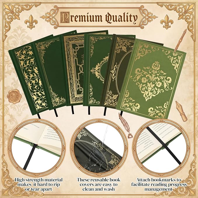 Gilprop 6 Pack Vintage Book Cover 9 x 11 in Jumbo Stretchable Book Cover for Most Hardcover Fabric Reusable Washable Protective Covers for Textbooks(Green)