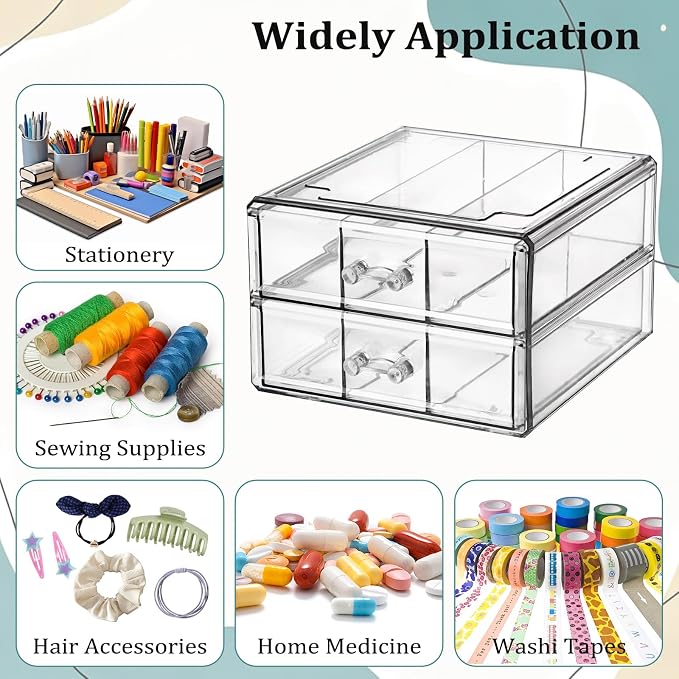 BTSKY Stackable Desk Organizer with 2 Layer Drawers, Clear Acrylic Drawer Organizer for Stationary Accessories, Medicine Cabinet, Vanity and Office Desk, Small Desktop Storage Box with 6 Grids