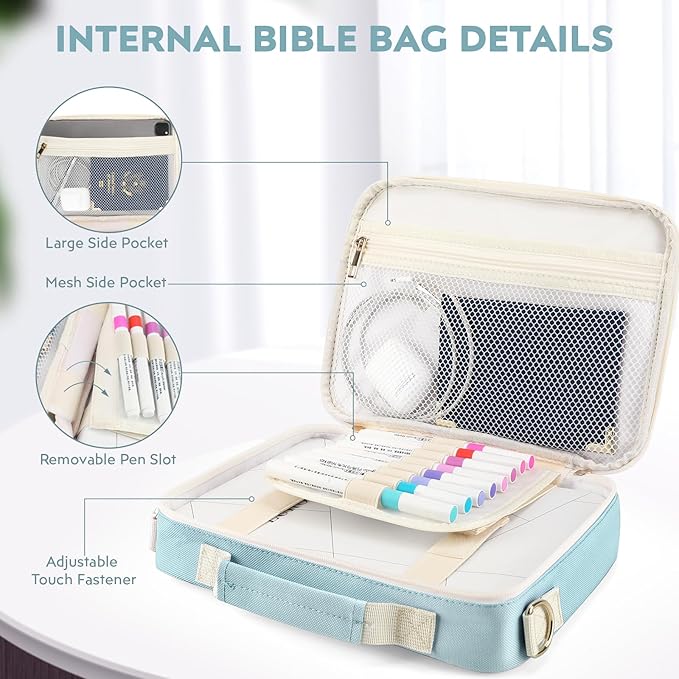 Bible Cover Case for Women Grils, Preppy Bible Bag with Adjustable Shoulder Strap, Waterproof Bible Carrying Tote Bags Holder for Bible Study Supplies Accessories & Christian Gifts (Blue)