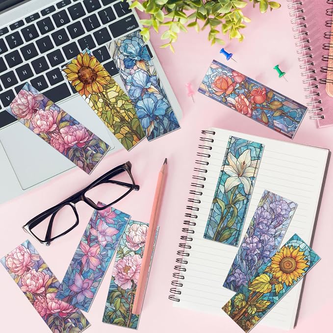 Stained Glass Flower Bookmark Gifts - Cosmisun 10 Pcs Floral Transparent PVC Bookmark Stained Glass Art Plant Book Mark Page Clips Gifts for Women Men Book Lovers Teacher Student Bookish Reader
