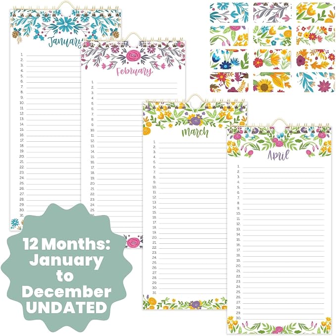 bloom daily planners Perpetual Hanging Flip Calendar - 5” x 10” - Monthly Wall Organizer Notepad for Important Dates, Birthdays, Anniversaries - Seasonal Florals