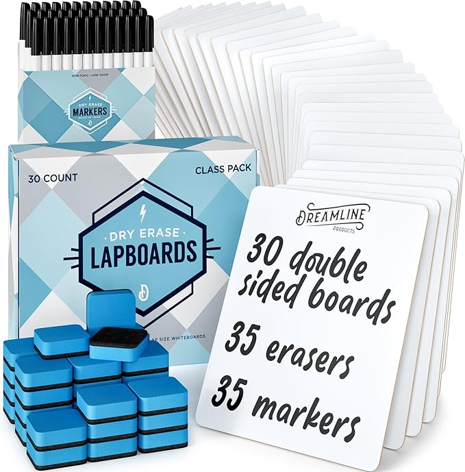 Dry Erase Lapboards Student Pack of 30 | 9 x 12 inch Double Sided White Boards (Plus Accessories) | Small Mini White Dry Erase Boards for Students Whiteboards, Teacher Supplies, Classroom