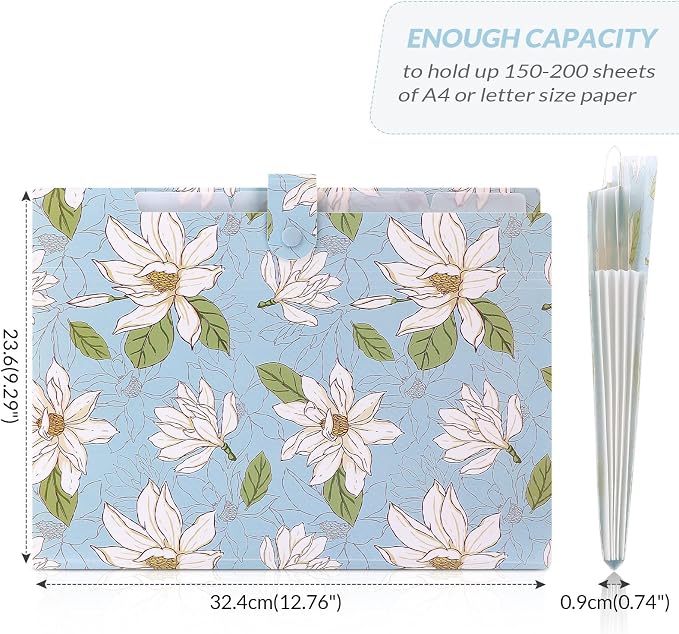 SKYDUE Accordion File Organizer, Floral Expanding File Folders with 5 Pockets, Cute Document Organizer for Paper Bills Receipt Storage, School Office & Hospital Supplies Letter/A4 Size Sky Blue