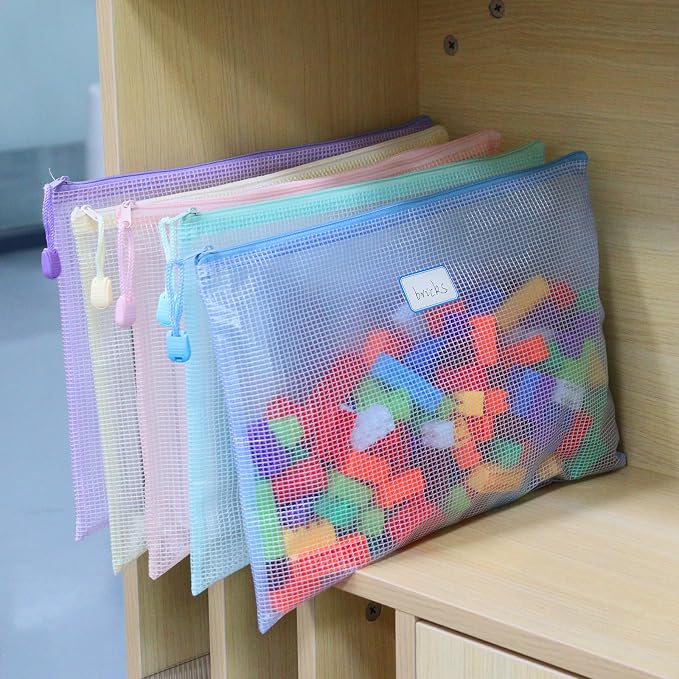 MultiBey 20 Pack A4 Mesh Zipper Pouch Bags with Labels, Waterproof Plastic Zipper Pouches for Organizing Board Games, Puzzles, Documents Office Supply and Home Organizer, 5 Macaron Colors