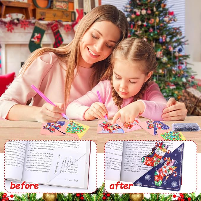 Christmas Diamond Art Bookmarks, 4 PCS Cute Diamond Art Bookmarks for Book Lovers, Christmas Gift DIY Diamond Art Accessories, Diamond Art Kits for Adults