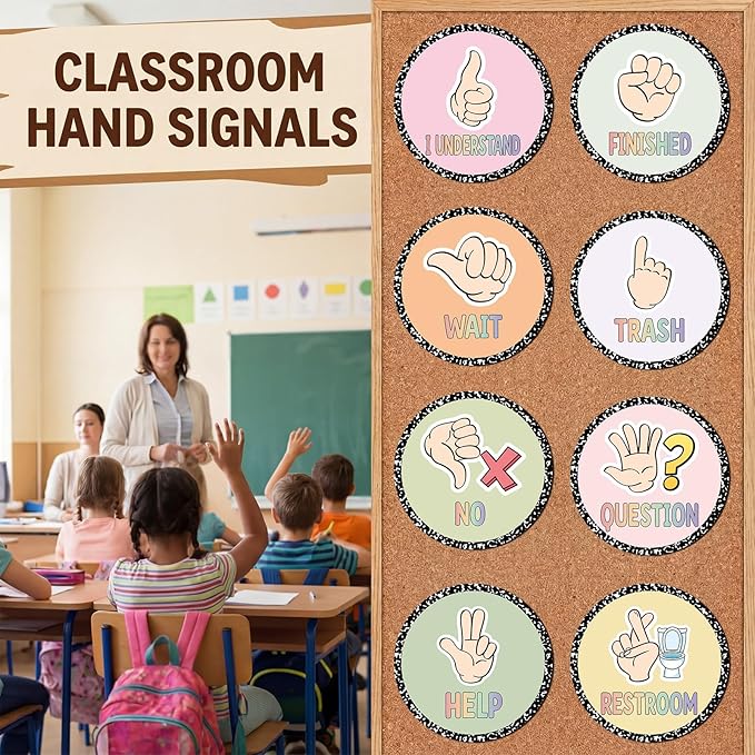 MotiMind 15 Pcs Classroom Hand Signal Cards Signal with Adhesive Tapes Decor Classroom Learning Bulletin Board Hand Signals Language Posters for Teachers Students Visual Cues (Multicolor Circular)