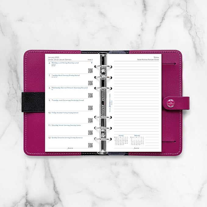 Filofax Calendar Diary Refill, Personal/Compact Size, Week on One Page with Notes, White Paper, Multilingual: Five Languages, 2025 (C68409-25)