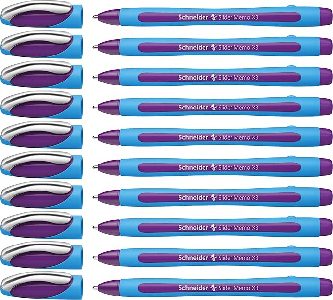 Schneider Slider Memo XB (Extra Broad) Ballpoint Pen, 1.4 mm, Light Blue Barrel, Violet Ink, Box of 10 Pens (150208)