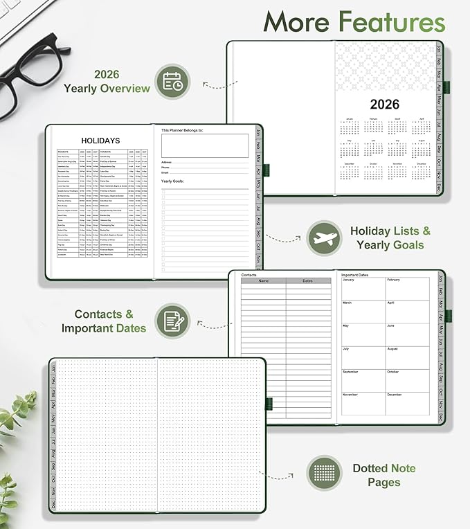 2026 Weekly & Monthly Planner, 12 Months Hardcover Planner from January 2026 - December 2026, Leather Agenda Organizer Book 2026 with Tabs, Daily Calendar Planners for Work School Home, A5 (5.75" x 8.38"), Green