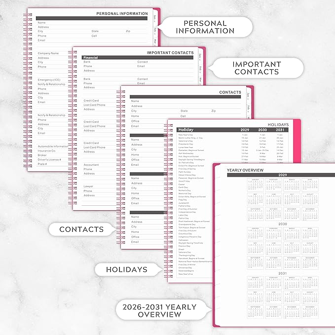 Monthly Planner 2026-2031 - 5 Year Planner/Calendar, 2026-2031 Monthly Calendar Planners Spiral Bound, Jul. 2026 - Jun. 2031, 9" x 11", Twin-Wire Binding + Tabs + Pocket - Rose Red