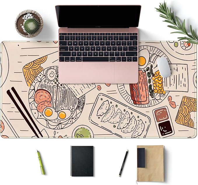 Japanese Ramen Sushi Food Desk Mat Beige XL Mouse Pad Large Full Desk Mousepad Gaming Extended Keyboard Mouse Mat Desk Pad for Computer Laptop 31.5''X15.7'' Non-Slip Rubber Base with Stitched Edges