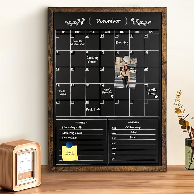 Chalkboard Calendar for Wall,20" x 28" Rustic Framed Magnetic Chalkboard for Home Kitchen Office School