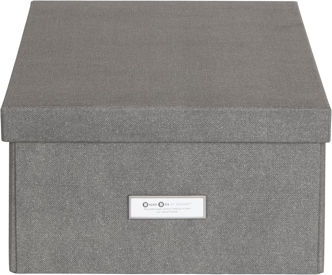 Bigso Box of Sweden Katia KD Collapsible Photo Storage Box with Labelframe for Easy Identification | Simple Assembly without Tools with Lids | 11.3"x15.4"x6.4" | Light Gray