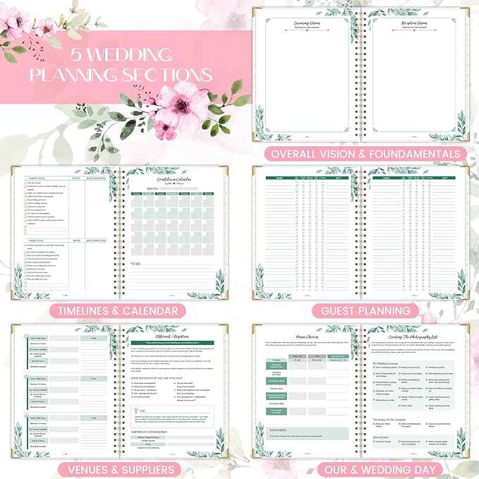 Wedding Planner for Bride - Wedding Planning Book and Organizer, 8.5" x 11" with Tabbed Sections, Metal Corner, 5 Inner Pockets, Sticker, Wedding Countdown Calendar