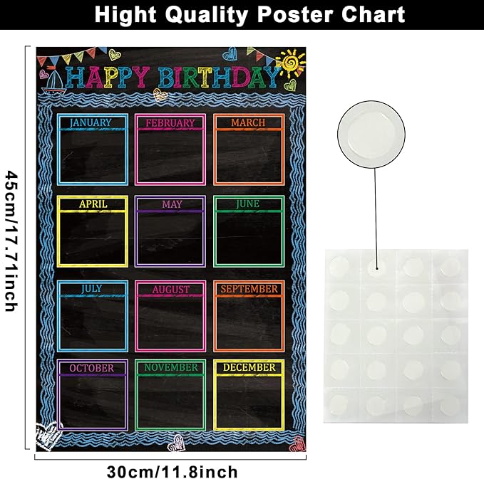 Wiooffen Happy Birthday Chart for Classroom, 2Pcs Chalkboard Birthday Poster Decoration 17" x 12" Chalkboard Birthday Cake Calendar Cutouts for School Bulletin Board, Chalkboards, Wall Decor