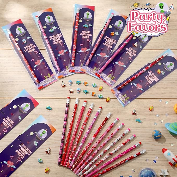 Tinlade 24 Sets Space Theme Valentines Gift Sets Space Theme Pencil Eraser Valentine's Card with You Are Outta This World Heart Pencil Bulks Party Gift for School Office Exchange Party Favors Supplies