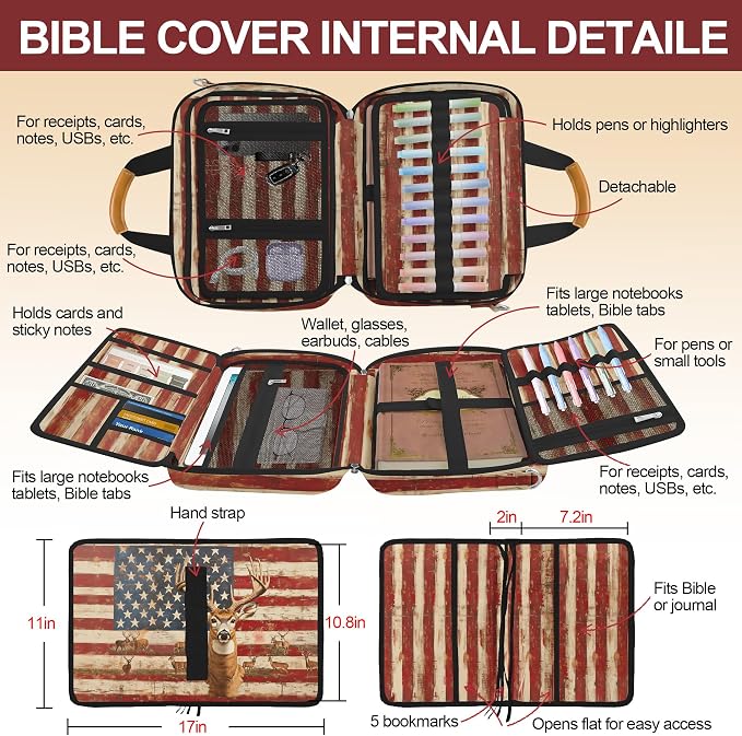 Vintage American Flag Deer Large Bible Bags for Women Men Organizer with Bible Cover Case, Bible Cover with Shoulder Strap & Pens & Highlighters & Cross Clip Study Kit for Bible Church,Christian Gifts