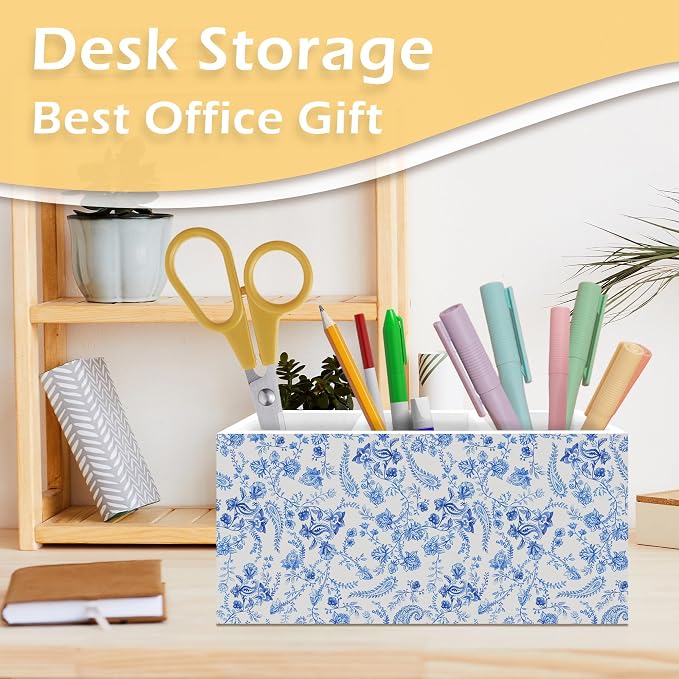 Blue and White Chinoiserie Floral Pen Pencil Holder, Blue Floral Decor Desk Accessories, Cottagecore Flower Botanical Wooden Pen Pencil Organizer for Girls Room Bedroom Office Desk Decor